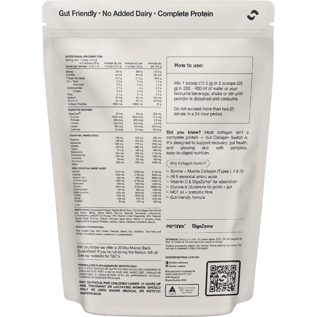 Switch Nutrition Collagen Peptides Vanilla Creme 938g – back label