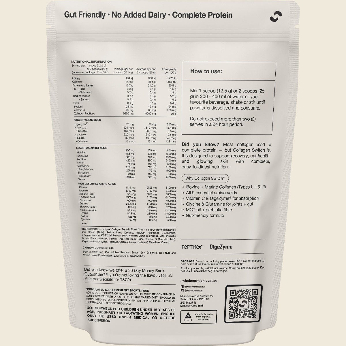 Switch Nutrition Collagen Peptides Vanilla Creme 938g – back label