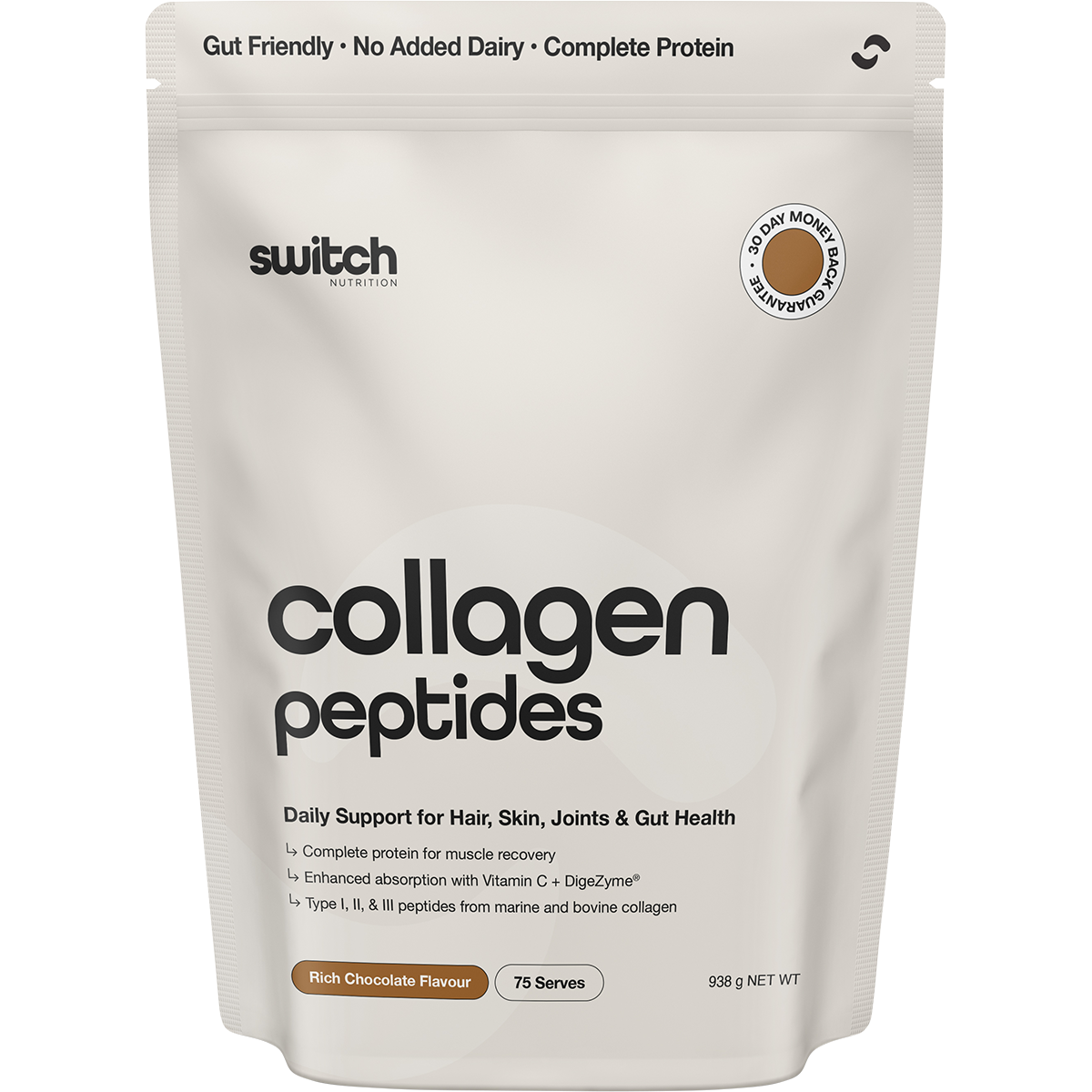 Switch Nutrition Collagen Peptides Rich Chocolate 938g – front packaging