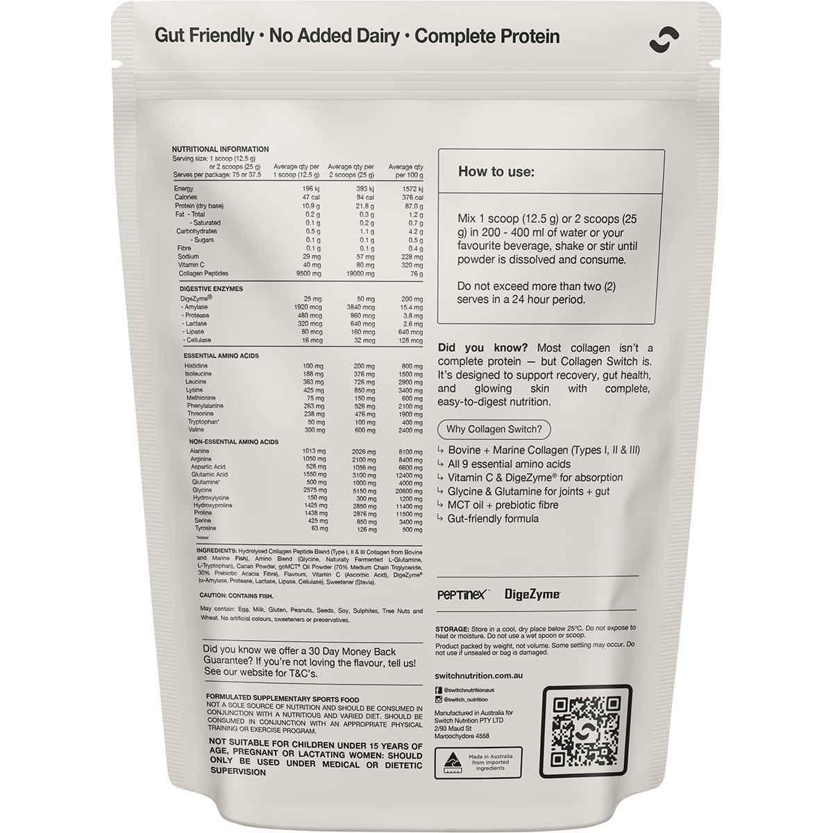 Switch Nutrition Collagen Peptides Rich Chocolate 938g – back label