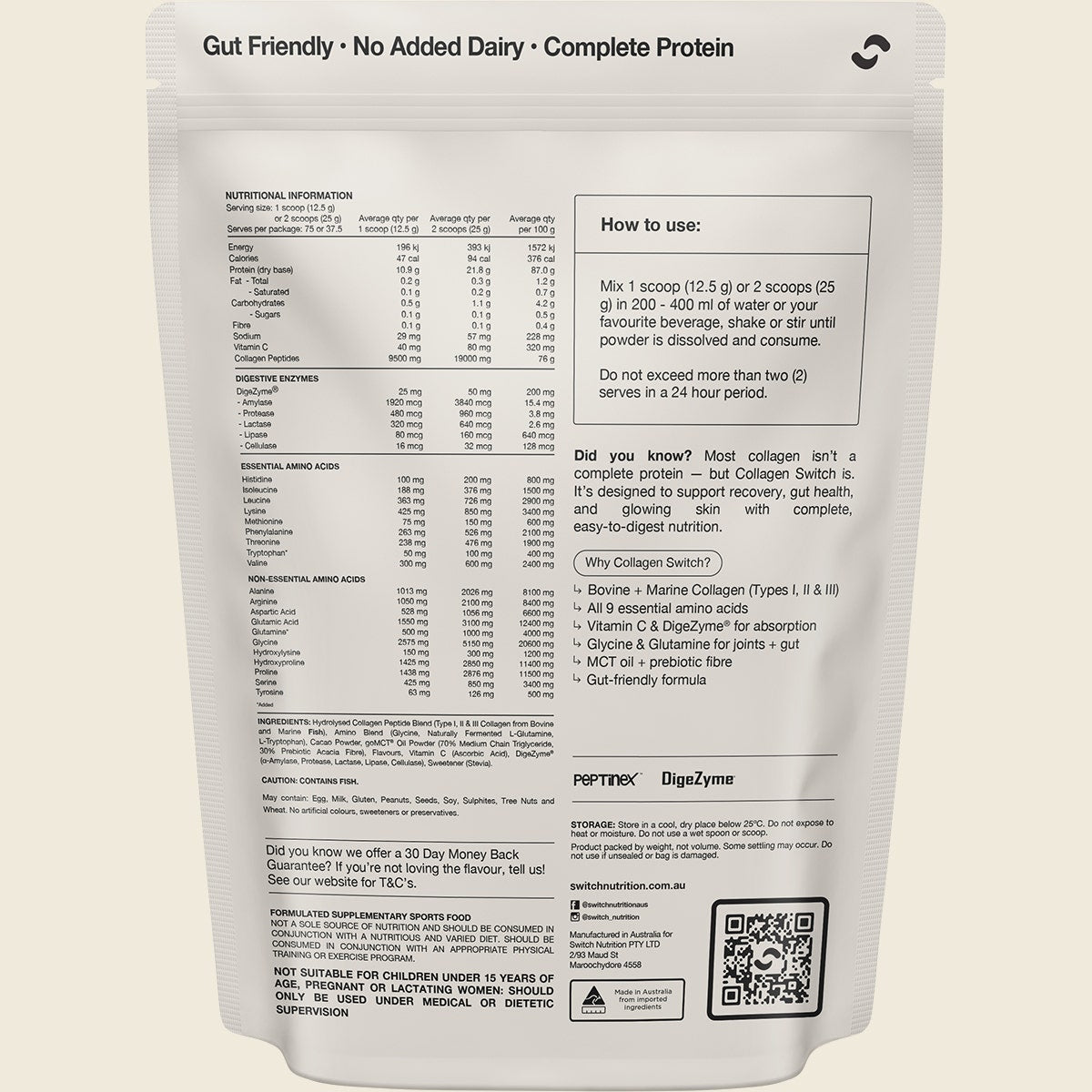 Switch Nutrition Collagen Peptides Rich Chocolate 938g – back label