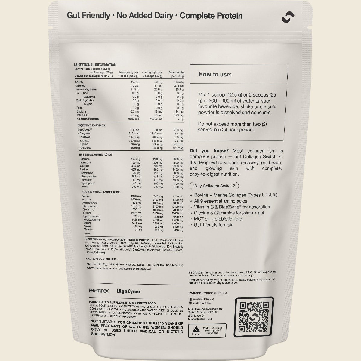 Switch Nutrition Collagen Peptides Unflavoured 938g – back label