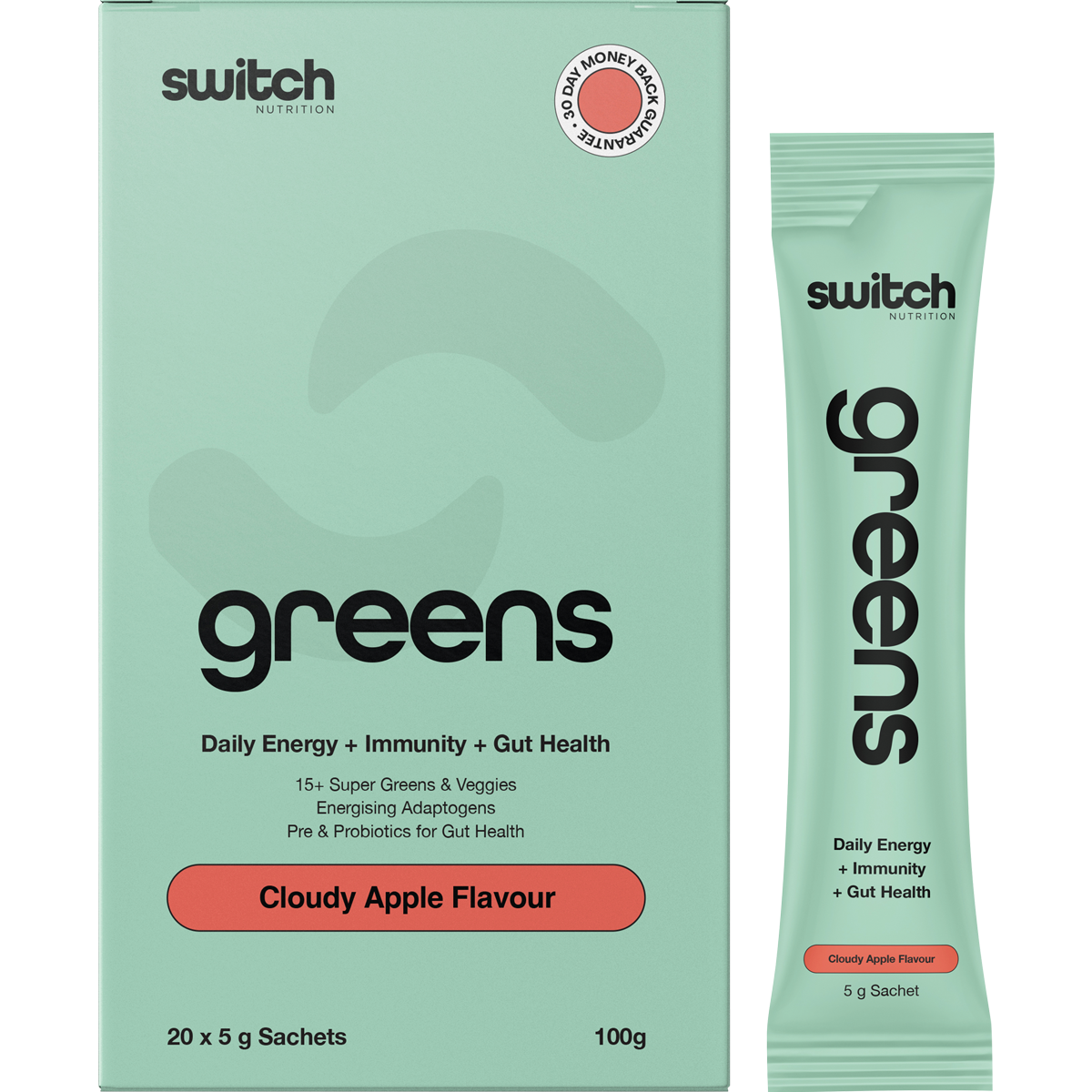 Switch Nutrition Greens Sachets Cloudy Apple 20x5g – product and sachets