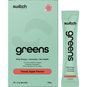Switch Nutrition Greens Sachets Cloudy Apple 20x5g – product and sachets
