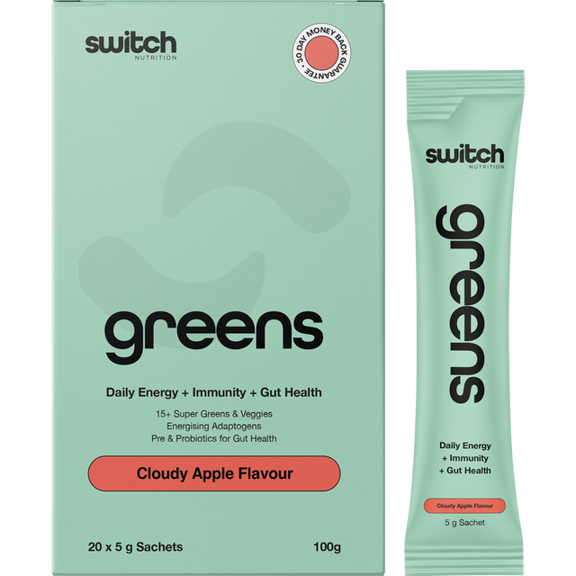 Switch Nutrition Greens Sachets Cloudy Apple 20x5g – product and sachets
