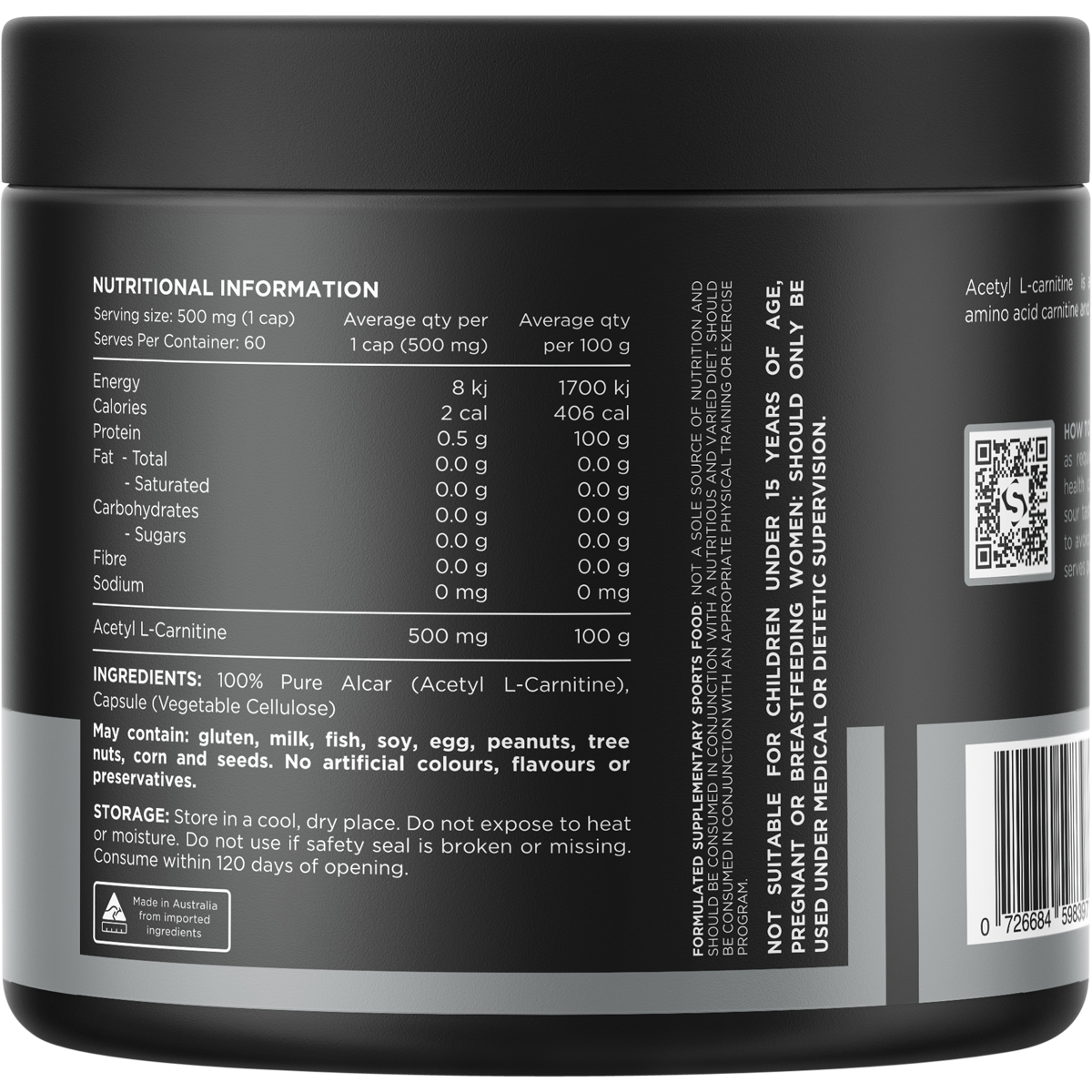 Switch Nutrition Alcar 100% Pure Acetyl L-Carnitine 60 Caps – back label