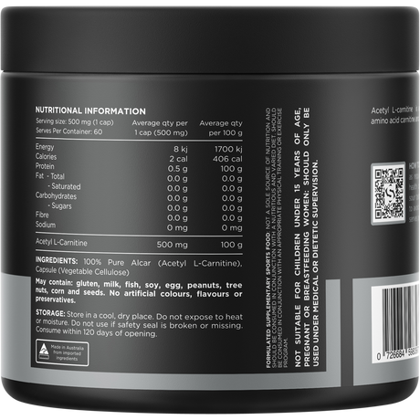Switch Nutrition Alcar 100% Pure Acetyl L-Carnitine 60 Caps – back label
