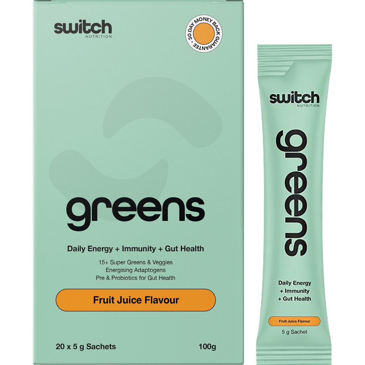 Switch Nutrition Greens Sachets Fruit Juice 20x5g – product and sachets