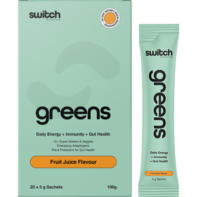 Switch Nutrition Greens Sachets Fruit Juice 20x5g – product and sachets