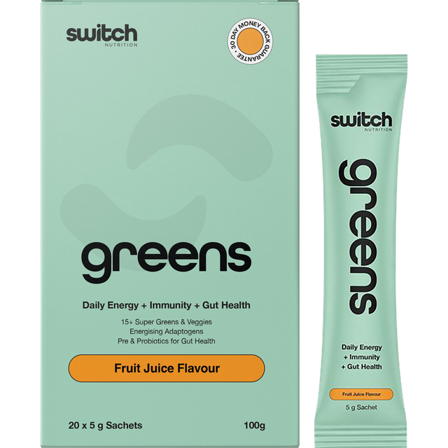 Switch Nutrition Greens Sachets Fruit Juice 20x5g – product and sachets