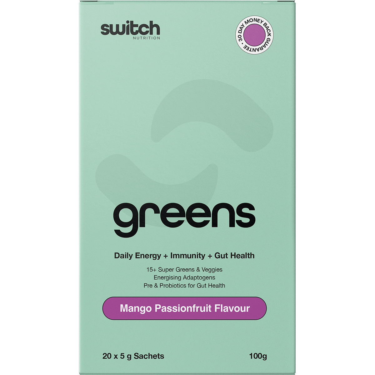 Switch Nutrition Greens Sachets Mango Passionfruit 20x5g – front packaging