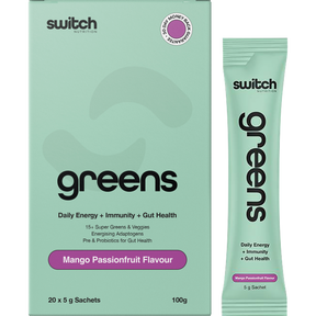 Switch Nutrition Greens Sachets Mango Passionfruit 20x5g – product and sachets