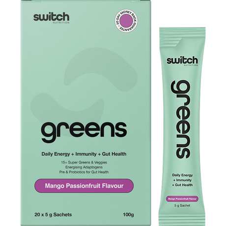 Switch Nutrition Greens Sachets Mango Passionfruit 20x5g – product and sachets