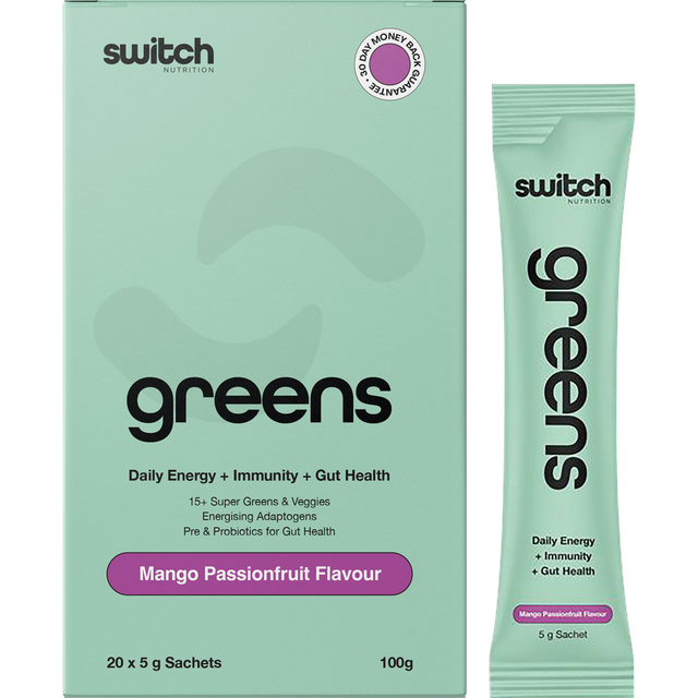 Switch Nutrition Greens Sachets Mango Passionfruit 20x5g – product and sachets