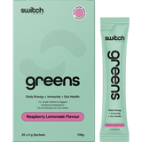 Switch Nutrition Greens Sachets Raspberry Lemonade 20x5g – product and sachets