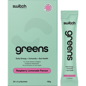 Switch Nutrition Greens Sachets Raspberry Lemonade 20x5g – product and sachets