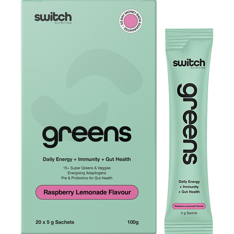Switch Nutrition Greens Sachets Raspberry Lemonade 20x5g – product and sachets