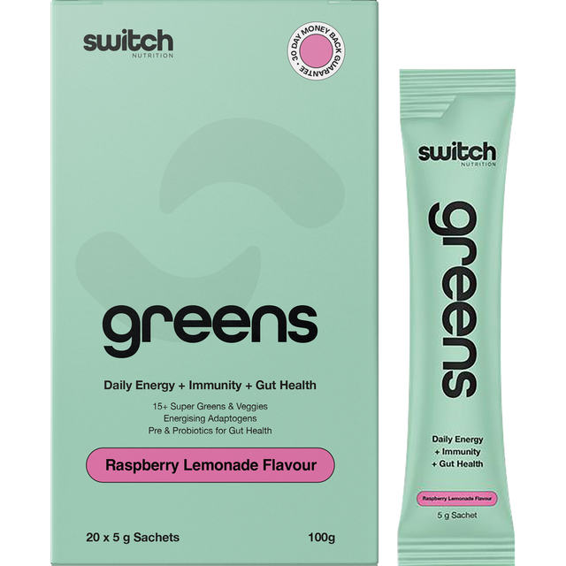 Switch Nutrition Greens Sachets Raspberry Lemonade 20x5g – product and sachets