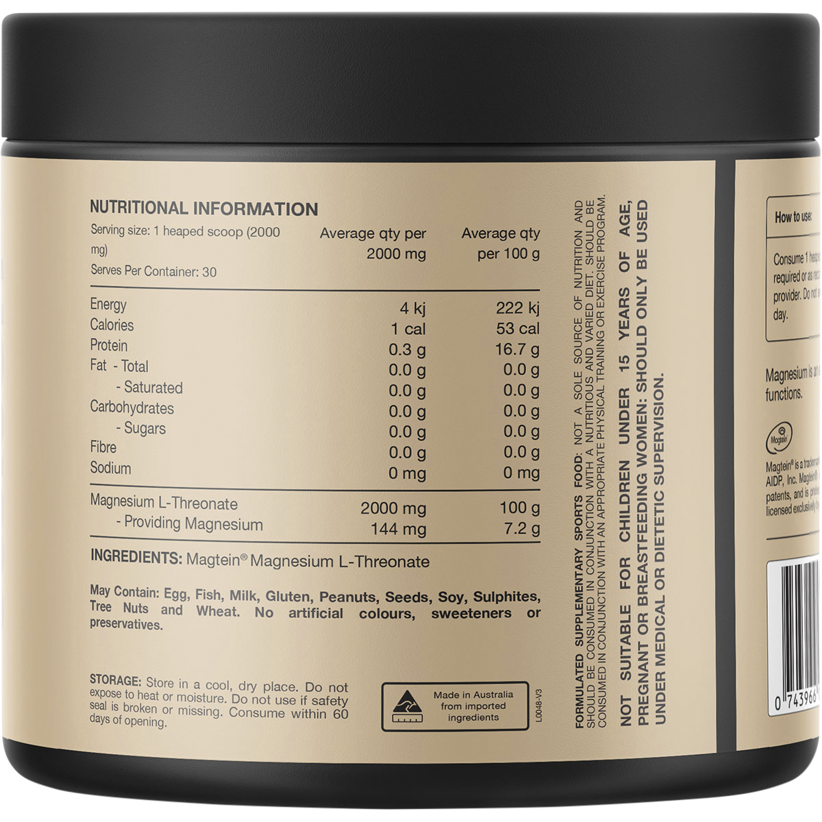 Switch Nutrition Mag3 100% Pure Magnesium L-Threonate Unflavoured 60g – back label