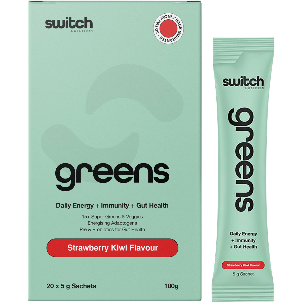 Switch Nutrition Greens Sachets Strawberry Kiwi 20x5g – product and sachets