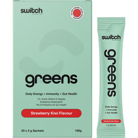 Switch Nutrition Greens Sachets Strawberry Kiwi 20x5g – product and sachets