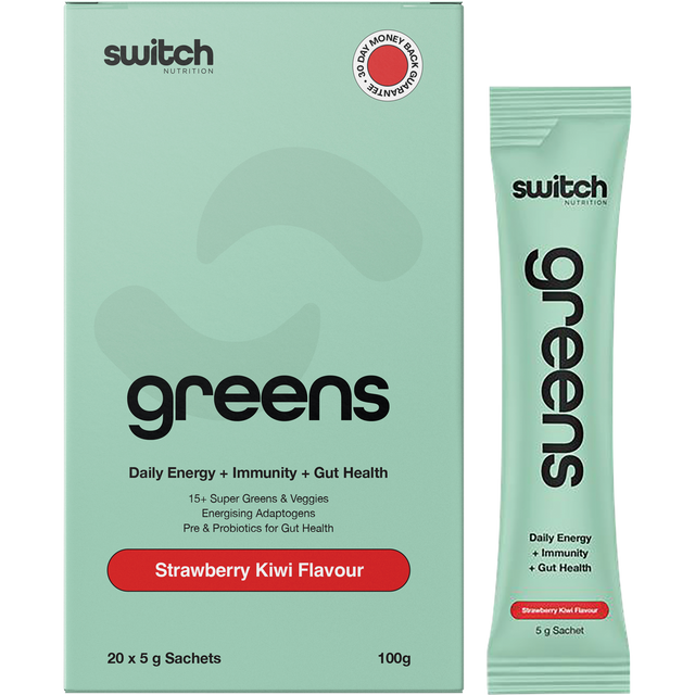Switch Nutrition Greens Sachets Strawberry Kiwi 20x5g – product and sachets