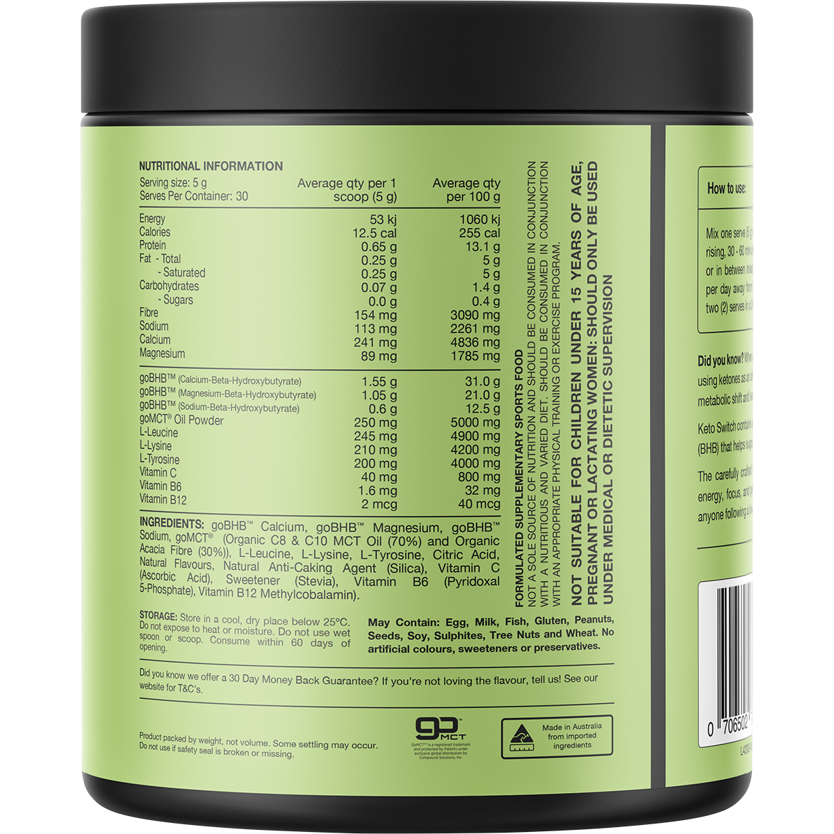 Switch Nutrition Keto BHB Ketogenic Performance Fuel Raspberry 150g – back label