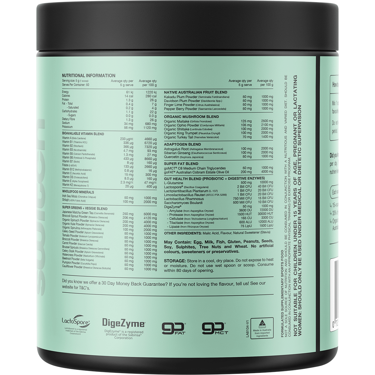 Switch Nutrition Greens Cloudy Apple 250g – back label