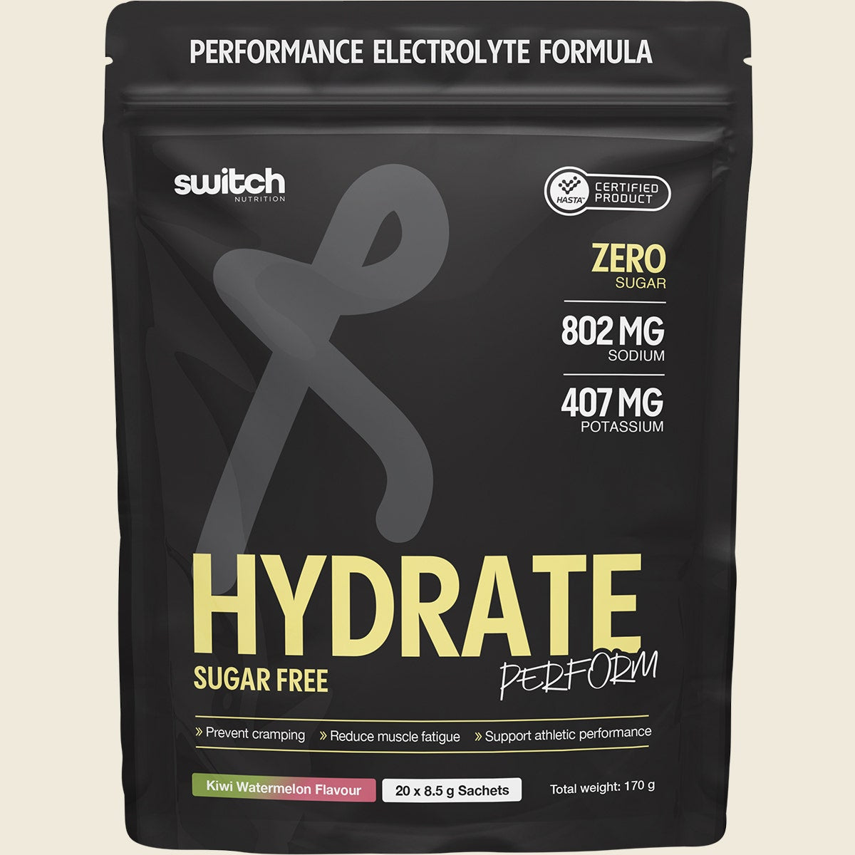Switch Nutrition Perform Hasta Hydrate Sugar Free Kiwi Watermelon 20x8.5g Front