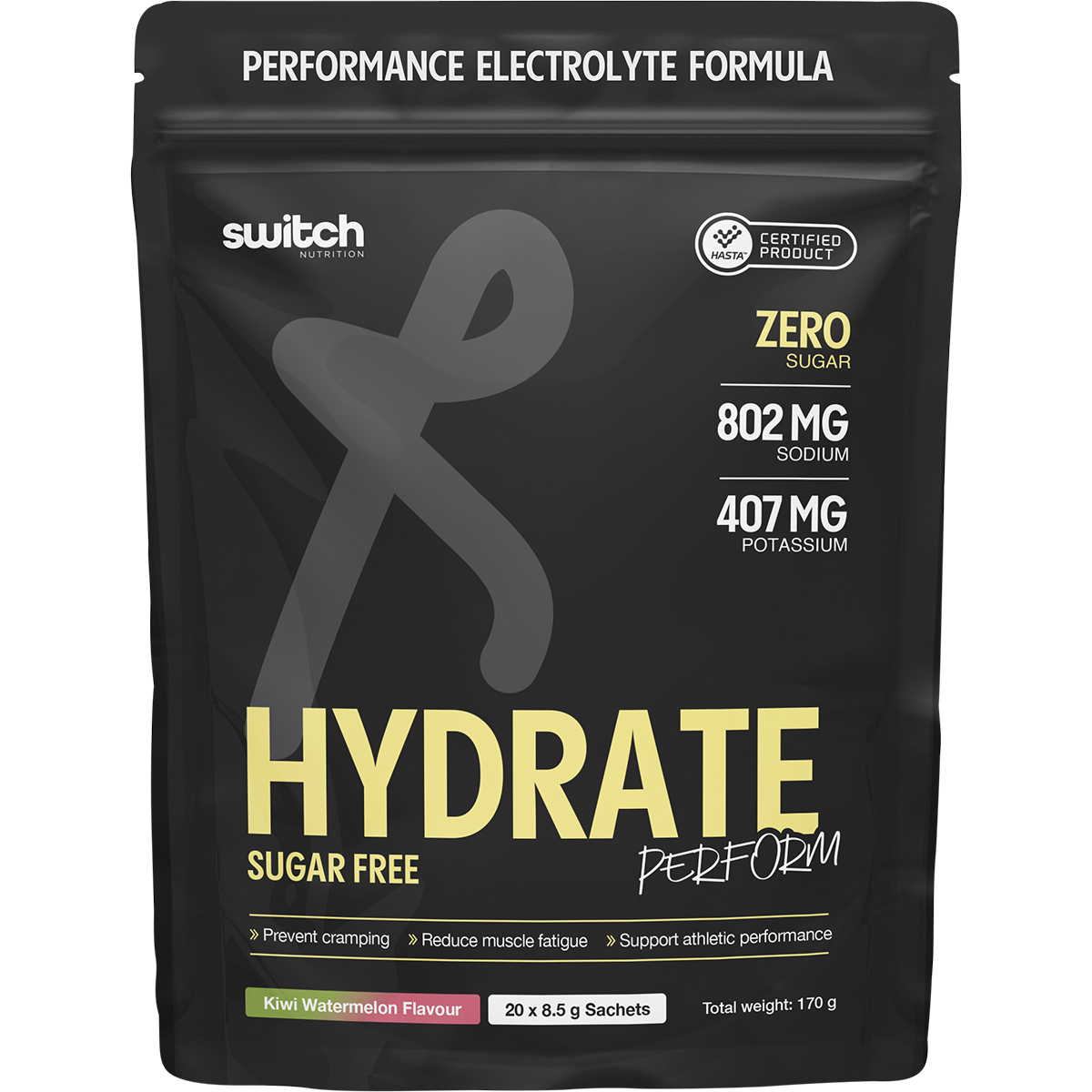 Switch Nutrition Perform Hasta Hydrate Sugar Free Kiwi Watermelon 20x8.5g – front packaging