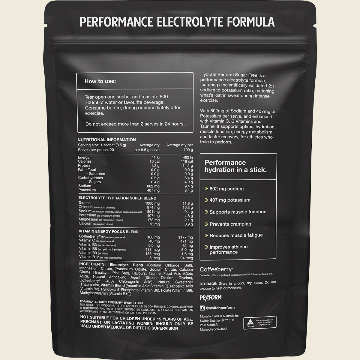 Switch Nutrition Perform Hasta Hydrate Sugar Free Kiwi Watermelon 20x8.5g Back