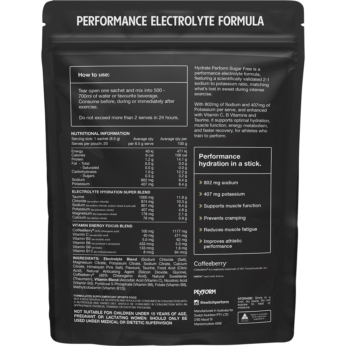 Switch Nutrition Perform Hasta Hydrate Sugar Free Lemon Lime 20x8.5g – back label