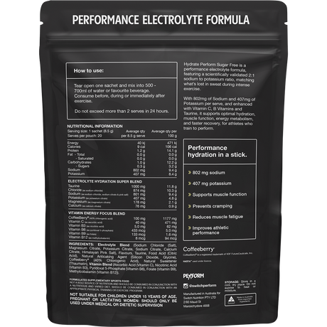 Switch Nutrition Perform Hasta Hydrate Sugar Free Lemon Lime 20x8.5g – back label