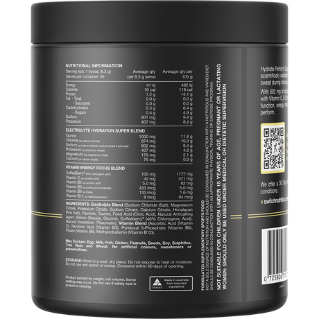 Switch Nutrition Perform Hasta Hydrate Sugar Free Kiwi Watermelon 425g – back label