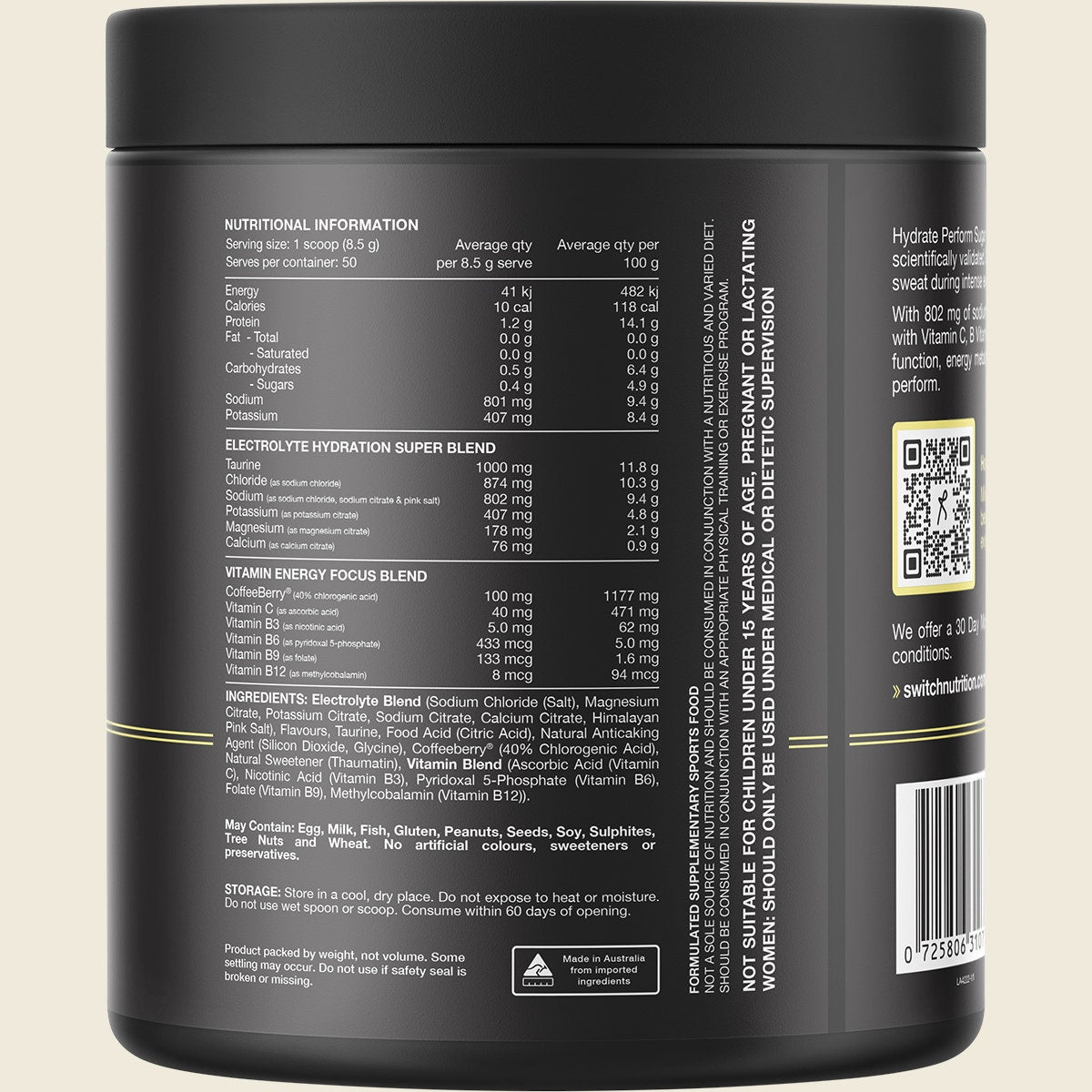 Switch Nutrition Perform Hasta Hydrate Sugar Free Kiwi Watermelon 425g Back