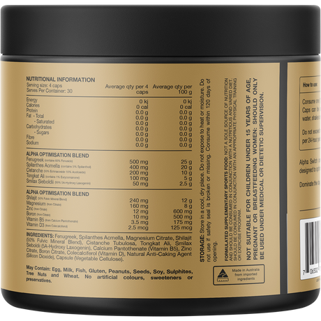Switch Nutrition Alpha Male Support Formula 120 Caps – back label
