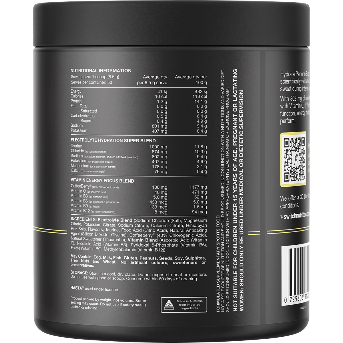 Switch Nutrition Perform Hasta Hydrate Sugar Free Lemon Lime 425g – back label