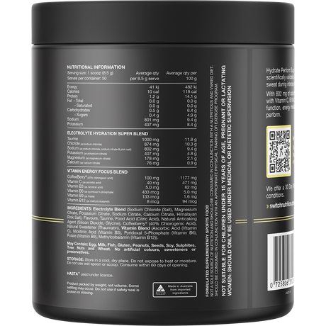 Switch Nutrition Perform Hasta Hydrate Sugar Free Lemon Lime 425g – back label