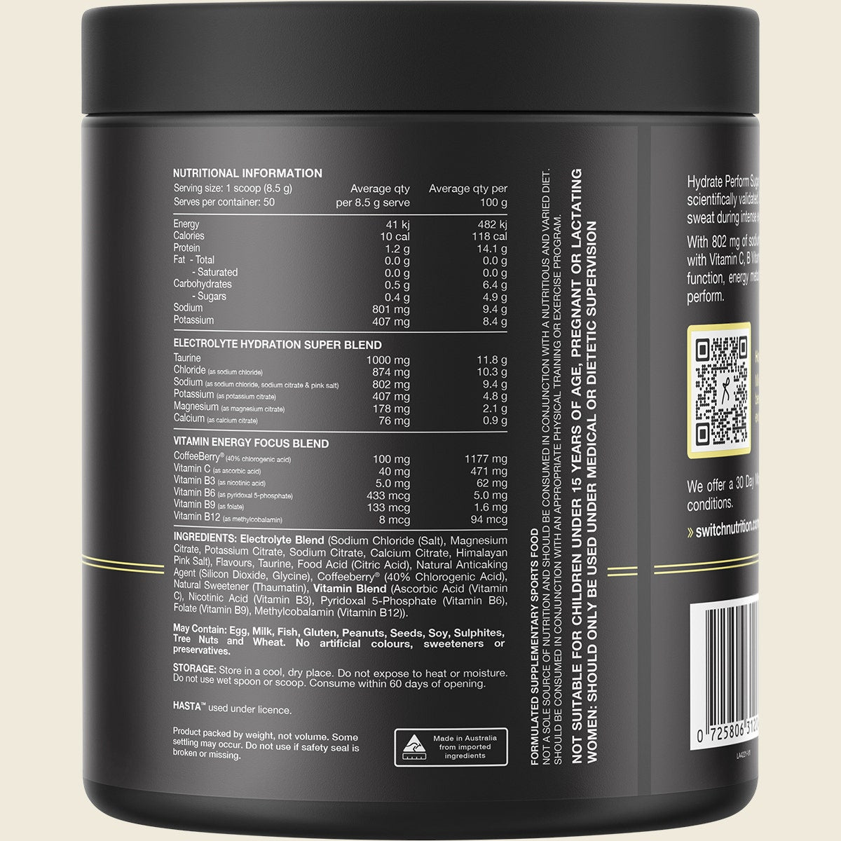 Switch Nutrition Perform Hasta Hydrate Sugar Free Lemon Lime 425g Back