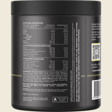 Switch Nutrition Perform Hasta Hydrate Sugar Free Lemon Lime 425g Back