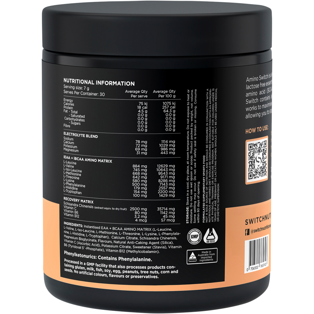 Switch Nutrition Amino EAA & BCAA Electrolyte Recovery 210g Lemonade – back label