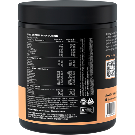 Switch Nutrition Amino EAA & BCAA Electrolyte Recovery 210g Lemonade – back label
