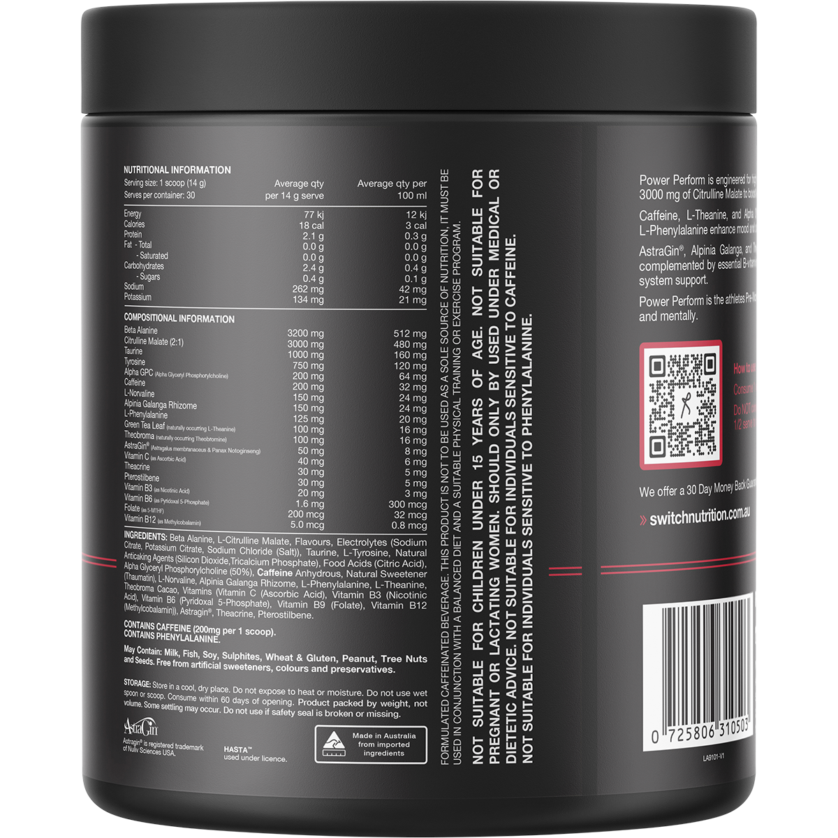Switch Nutrition Perform Hasta Power Pre-Workout Mango Passionfruit 420g – back label