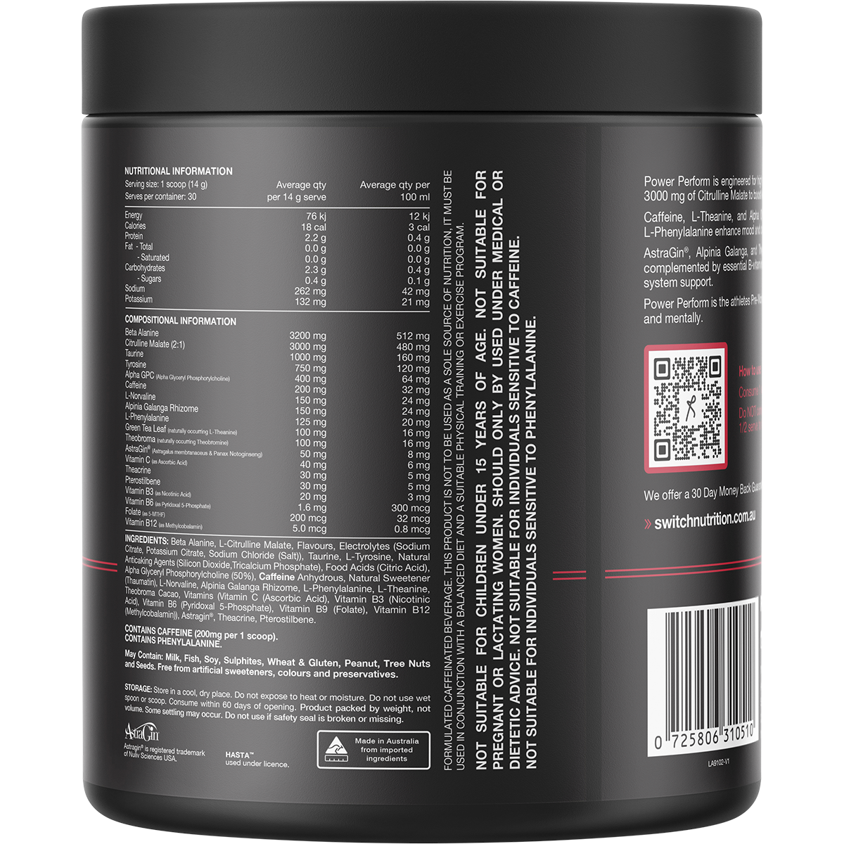 Switch Nutrition Perform Hasta Power Pre-Workout Raspberry Lemonade 420g – back label