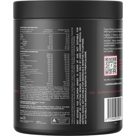 Switch Nutrition Perform Hasta Power Pre-Workout Raspberry Lemonade 420g – back label