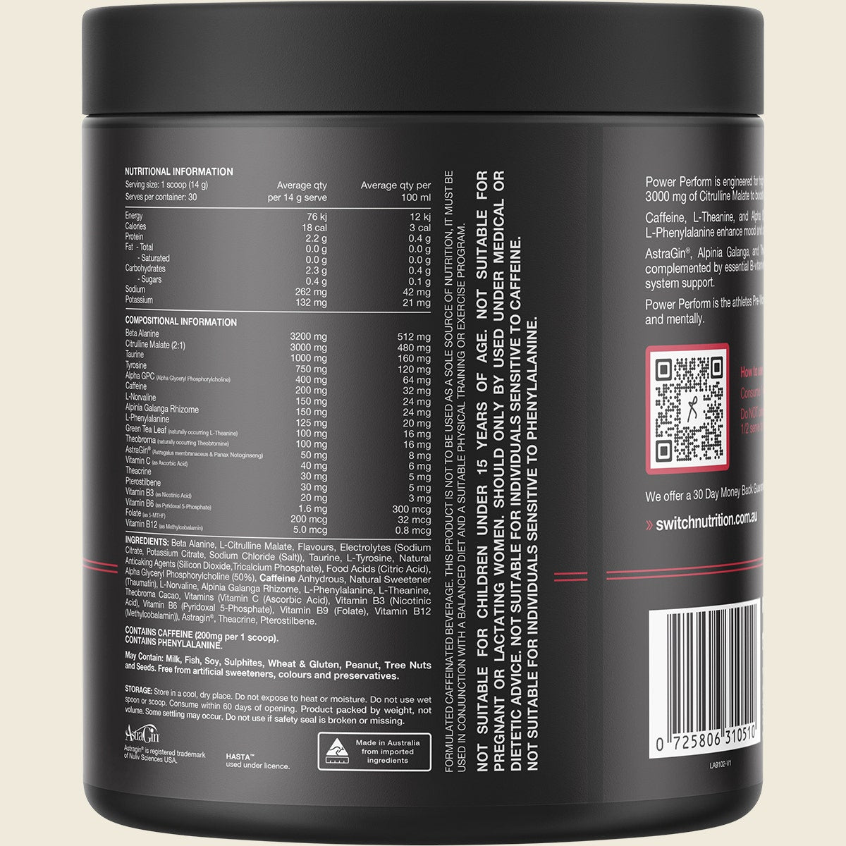 Switch Nutrition Power Performance Energy Blend Red Raspberry 165g – back label