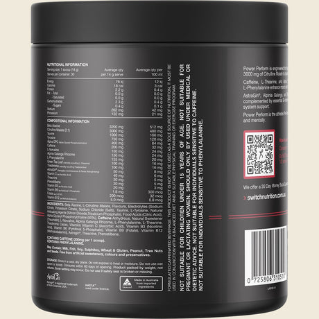 Switch Nutrition Power Performance Energy Blend Red Raspberry 165g – back label