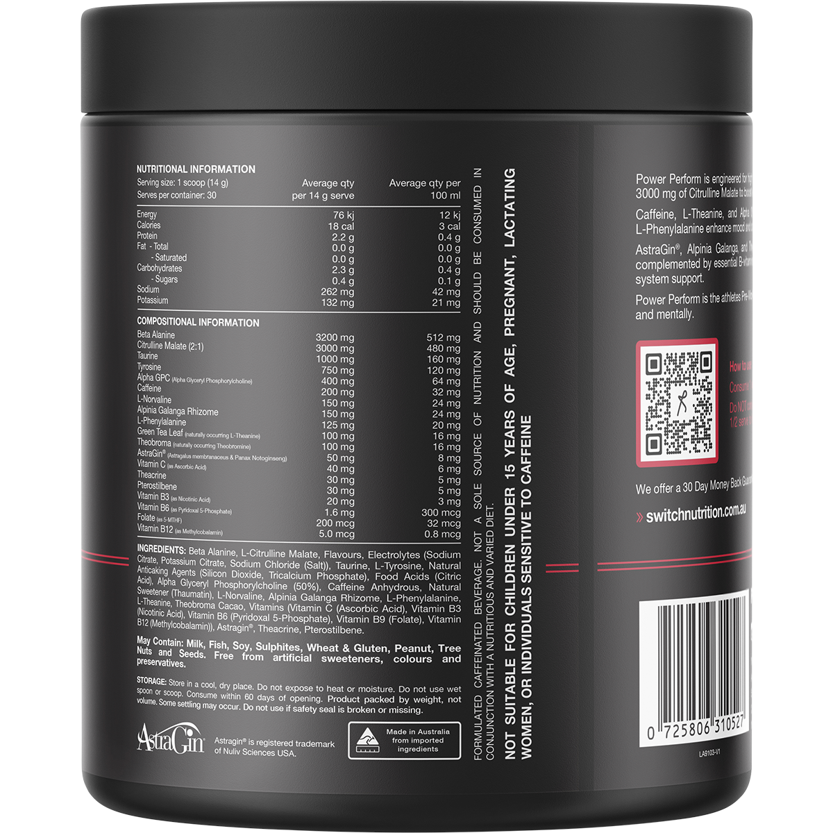 Switch Nutrition Perform Hasta Power Pre-Workout Blend Strawberry Kiwi 420g – back label
