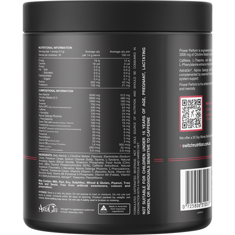 Switch Nutrition Perform Hasta Power Pre-Workout Blend Strawberry Kiwi 420g – back label