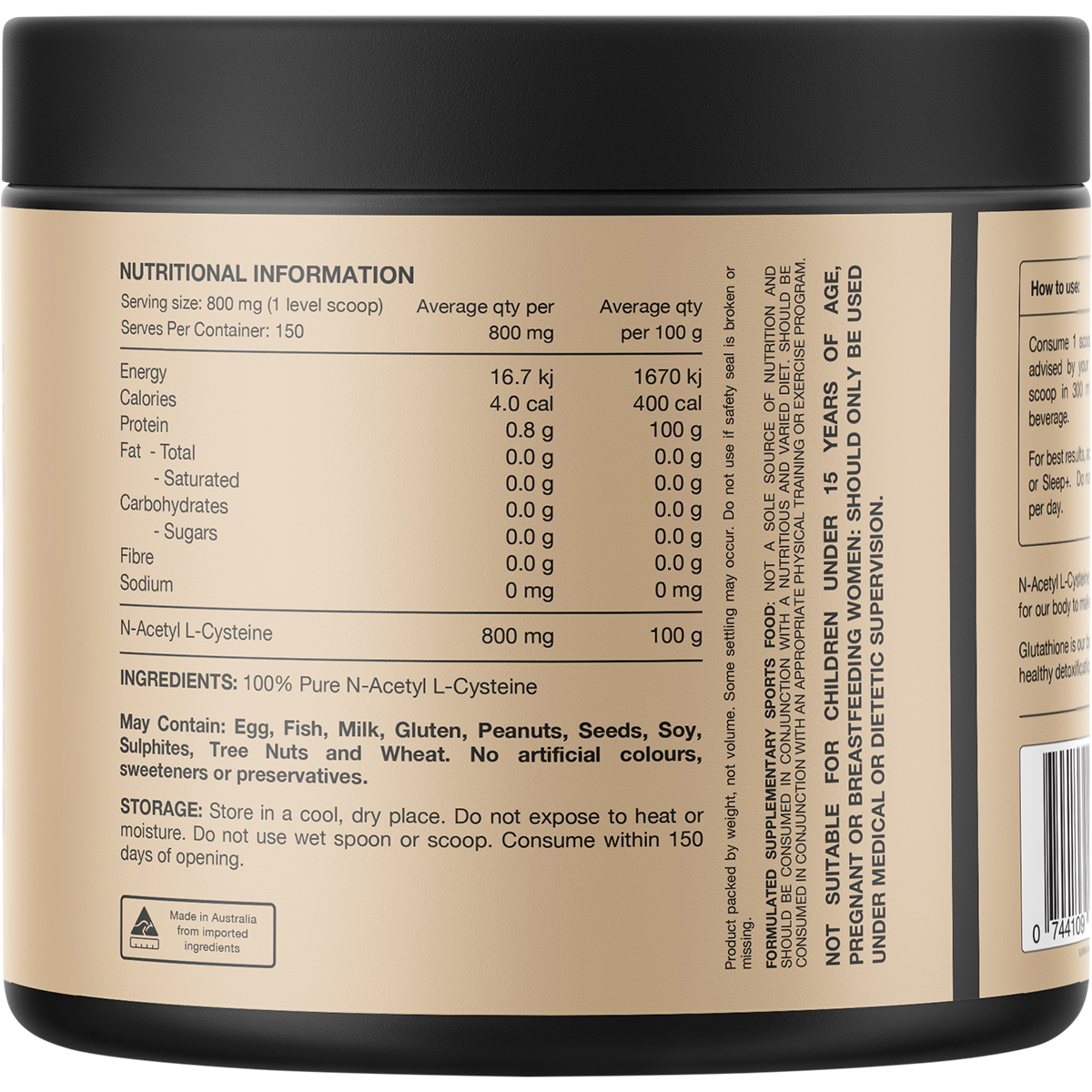 Switch Nutrition NAC 100% N-Acetyl L-Cystine Unflavoured 120g – back label